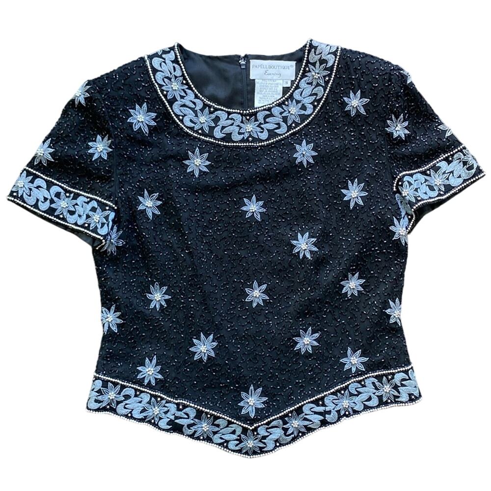 VINTAGE PAPELL BOUTIQUE Top Womens Sz Small Black Floral Beaded Hollywood Glam